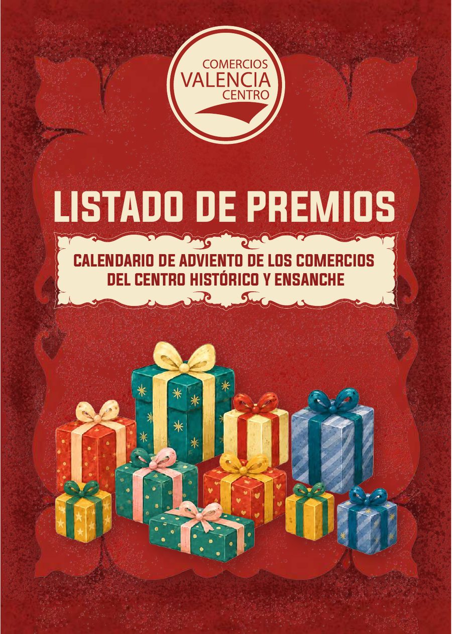 Portada del listado: regalos sobre fondo rojo y el título Listado de premios.
